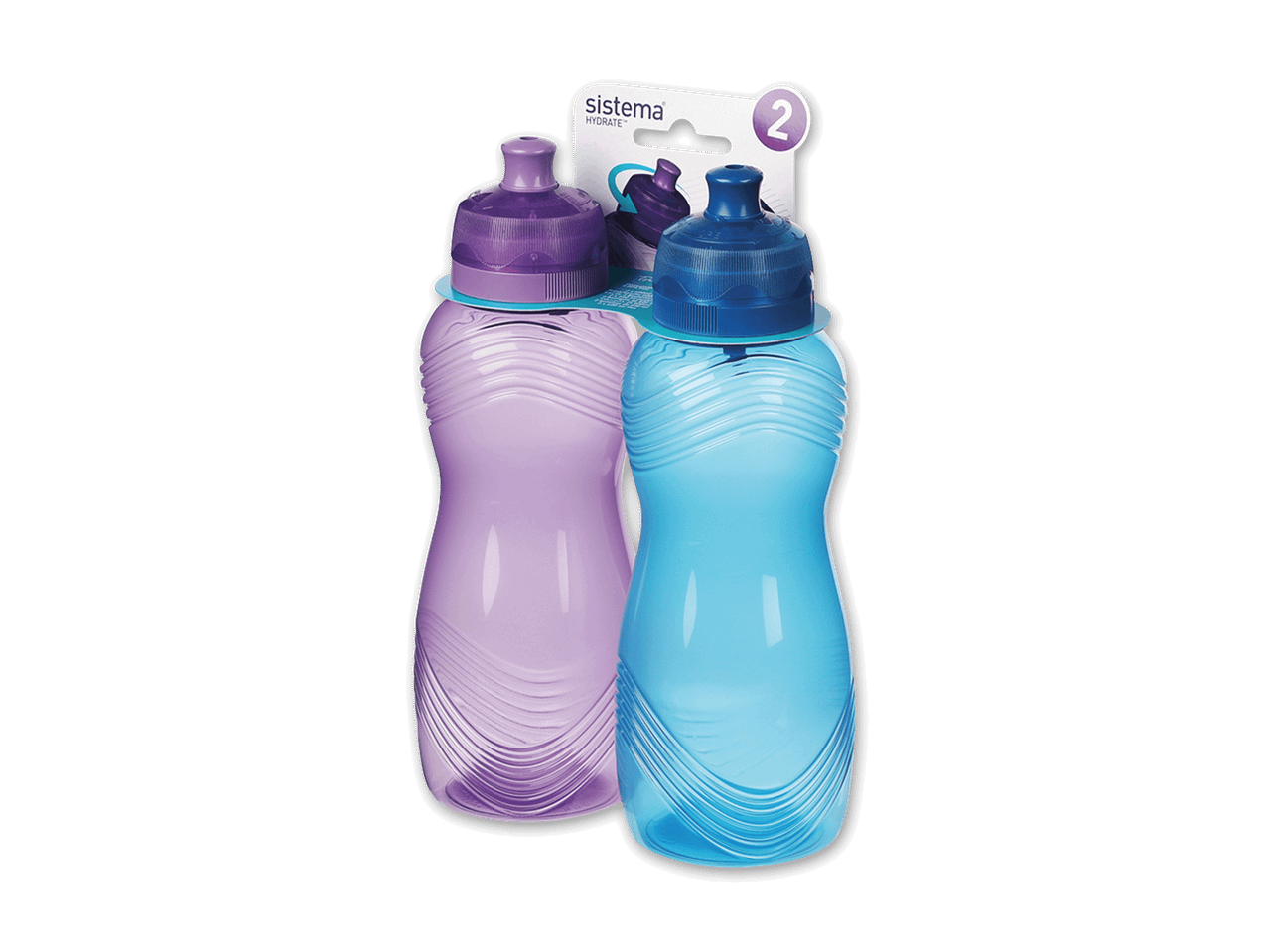 Zwei Sistema Hydrate Trinkflaschen in Lila und Blau.