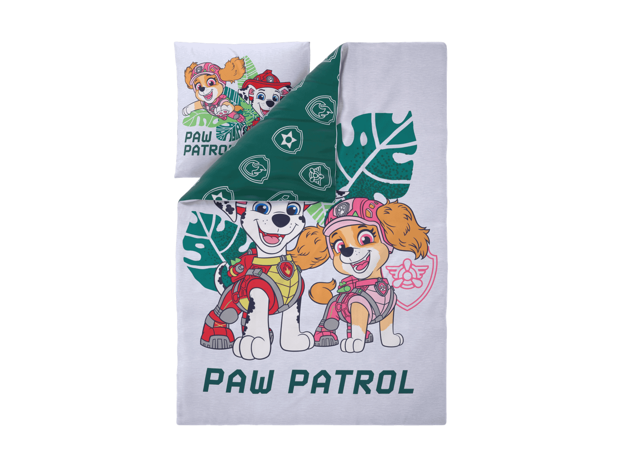 Sengesæt med hvide og grønne Paw Patrol-motiver, inklusive pudebetræk og dynebetræk.