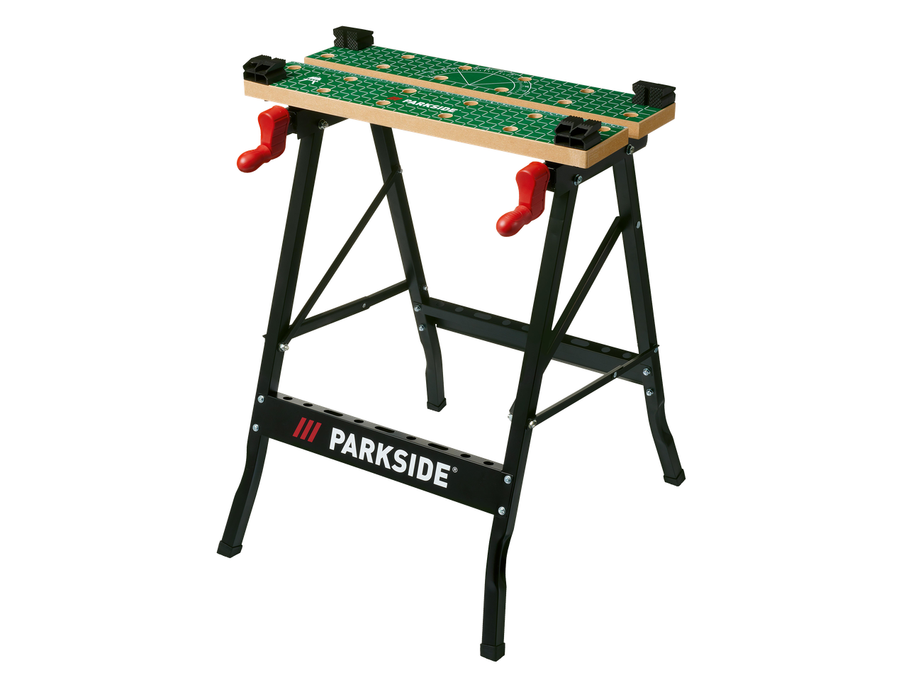 Összecsukható munkapad zöld mérőfelülettel és piros fogantyúkkal.