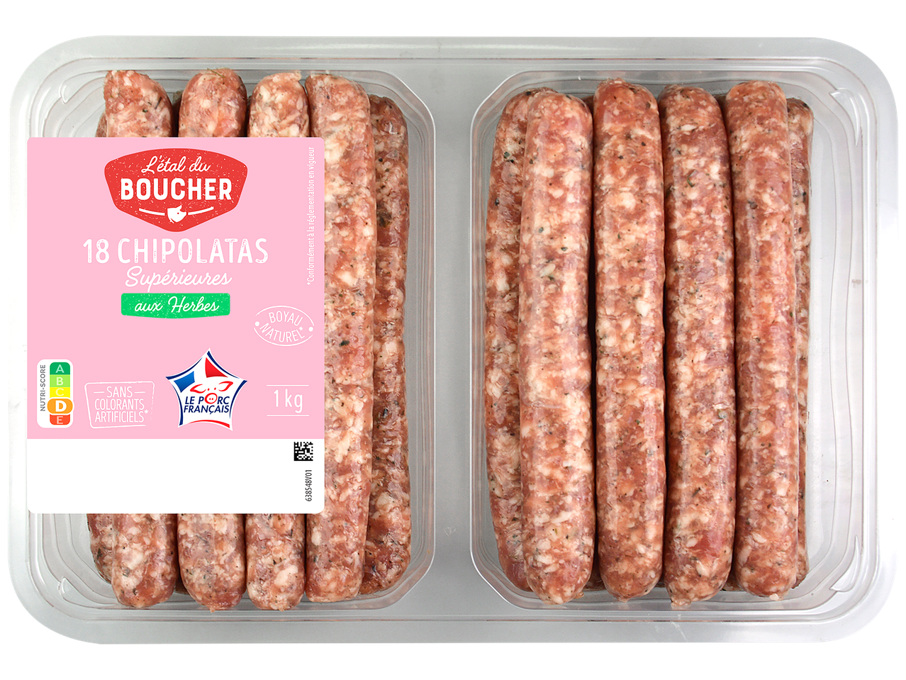 Barquette de 18 chipolatas supérieures aux herbes, 1 kg, avec Nutri-Score D et label Le Porc French.