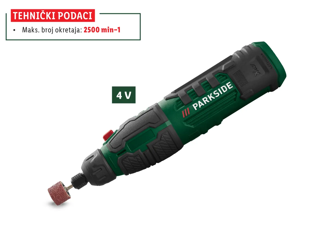 Parkside 4V rotacijska brusilica s maksimalnom brzinom od 2500 okretaja u minuti.