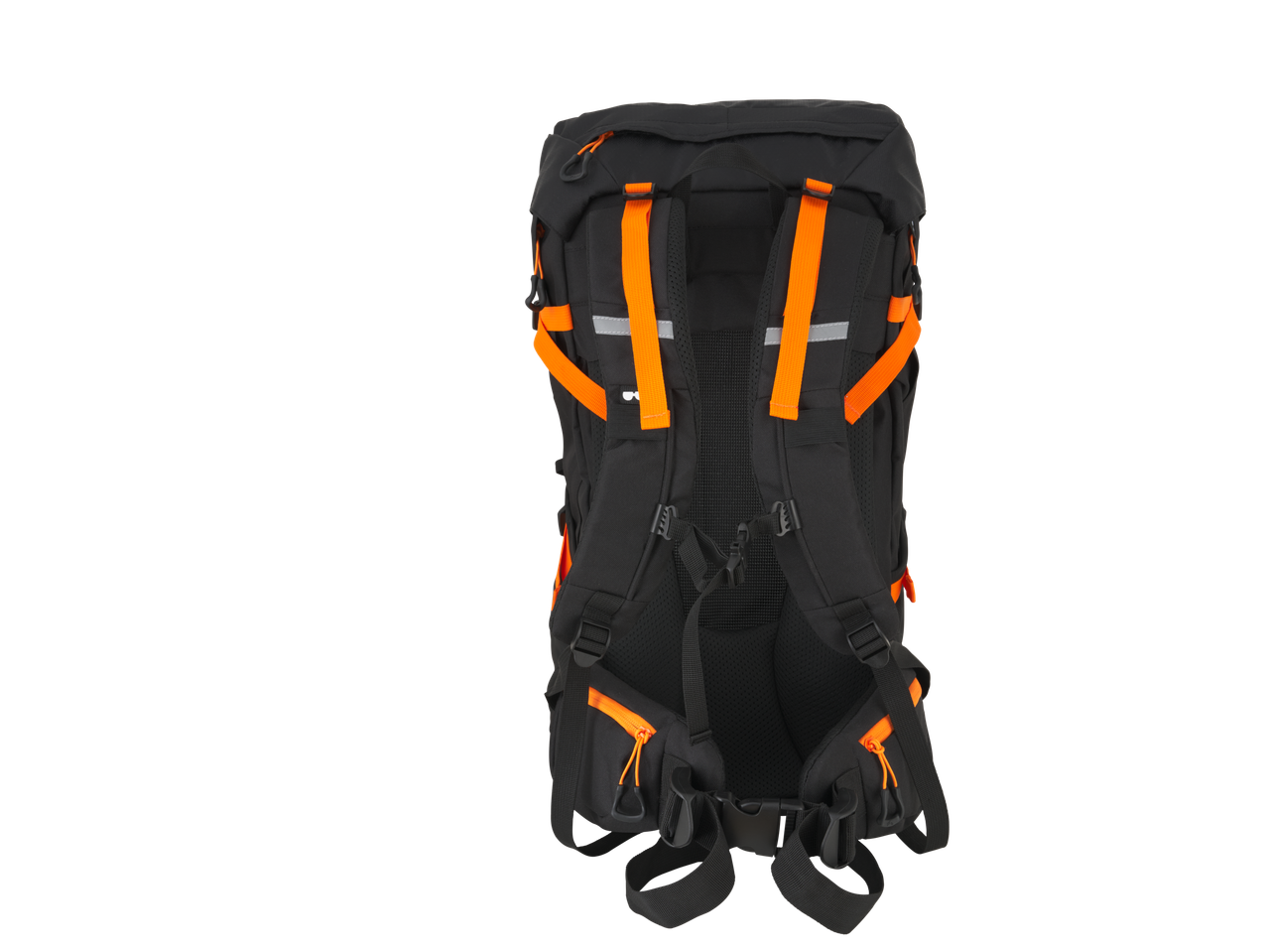 Crivit Wanderrucksack in Schwarz mit orangefarbenen Akzenten, Rückansicht.