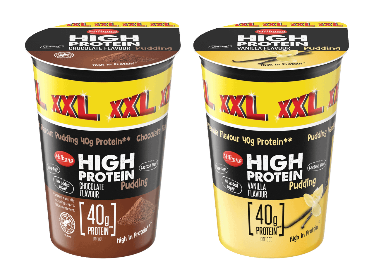 Kaksi XXL-kokoista proteiinivanukasta: toinen suklaanmakuinen ja toinen vaniljanmakuinen, molemmissa 40g proteiinia.