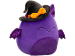 Purple Squishmallows bat plush wearing a witch hat with an orange bow.