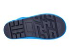 Bottom view of a blue and black children's rain boot sole with a textured tread.
