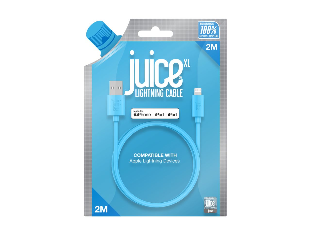 Juice XL Lightning Cable for Apple devices, 2m, in recyclable packaging.