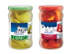 To glas med Aglanthia-konserves: grønne og røde pebre.