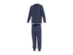 Kids' blue pajamas with construction vehicle print, including a long-sleeved top and matching pants.