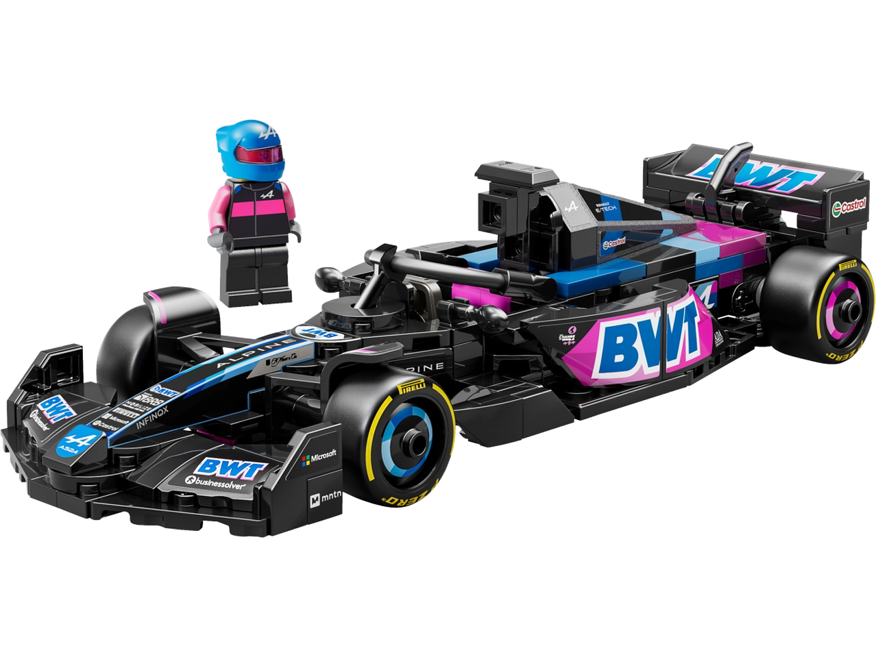 LEGO Formulės 1 automobilis su vairuotojo minifigūrėle, su BWT Alpine prekės ženklu.
