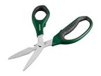 Green and black multi-purpose scissors with bottle opener and serrated edge