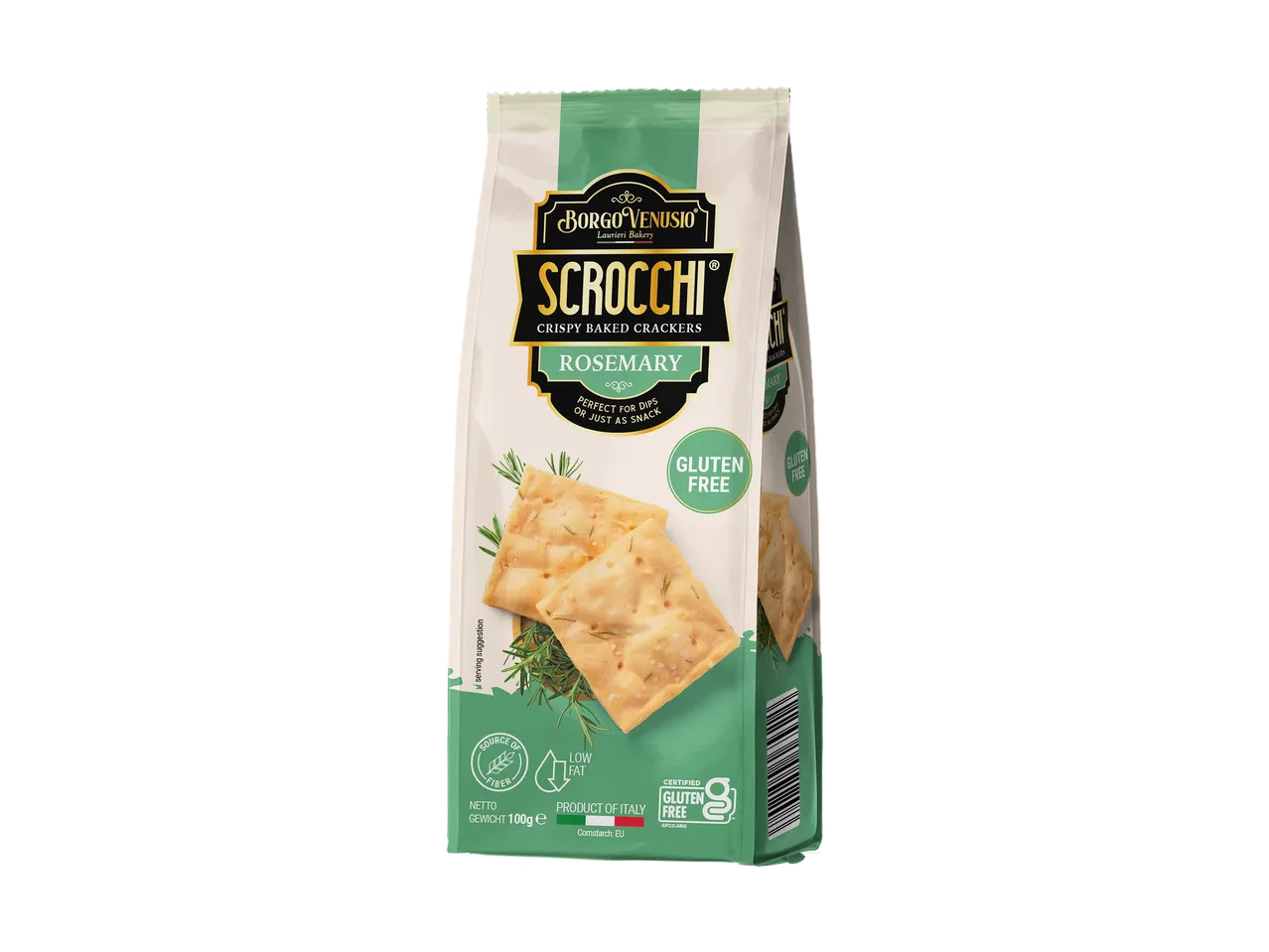 Verpakking met glutenvrije rozemarijn crackers, perfect voor dips of als snack.