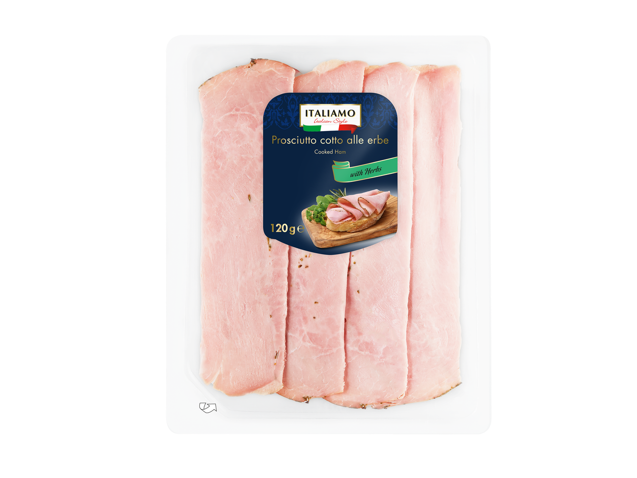 Jambon cuit aux herbes en tranches dans un emballage sous vide, avec une image de service.