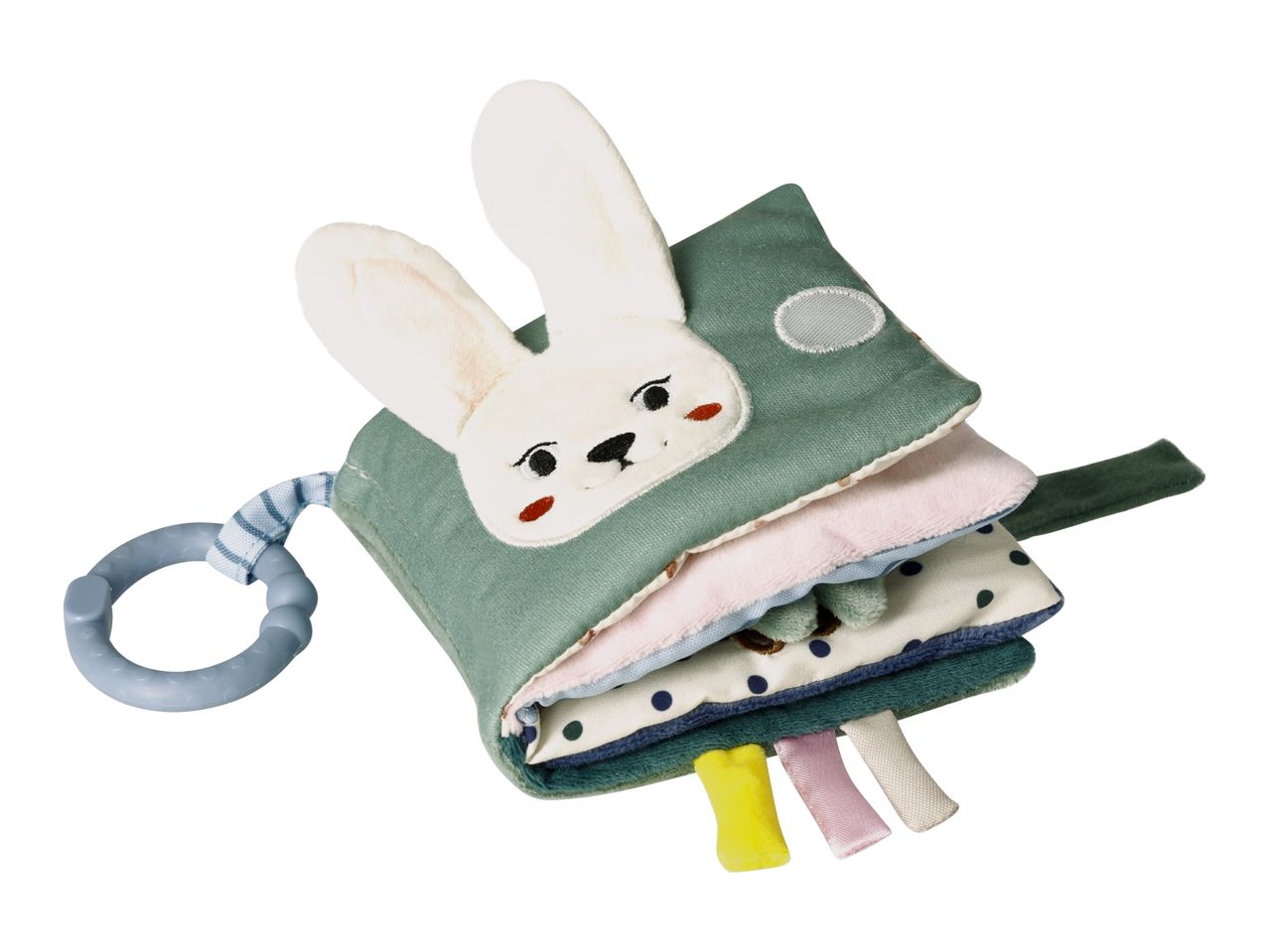 Soft baby activity book with a bunny face and colorful tags