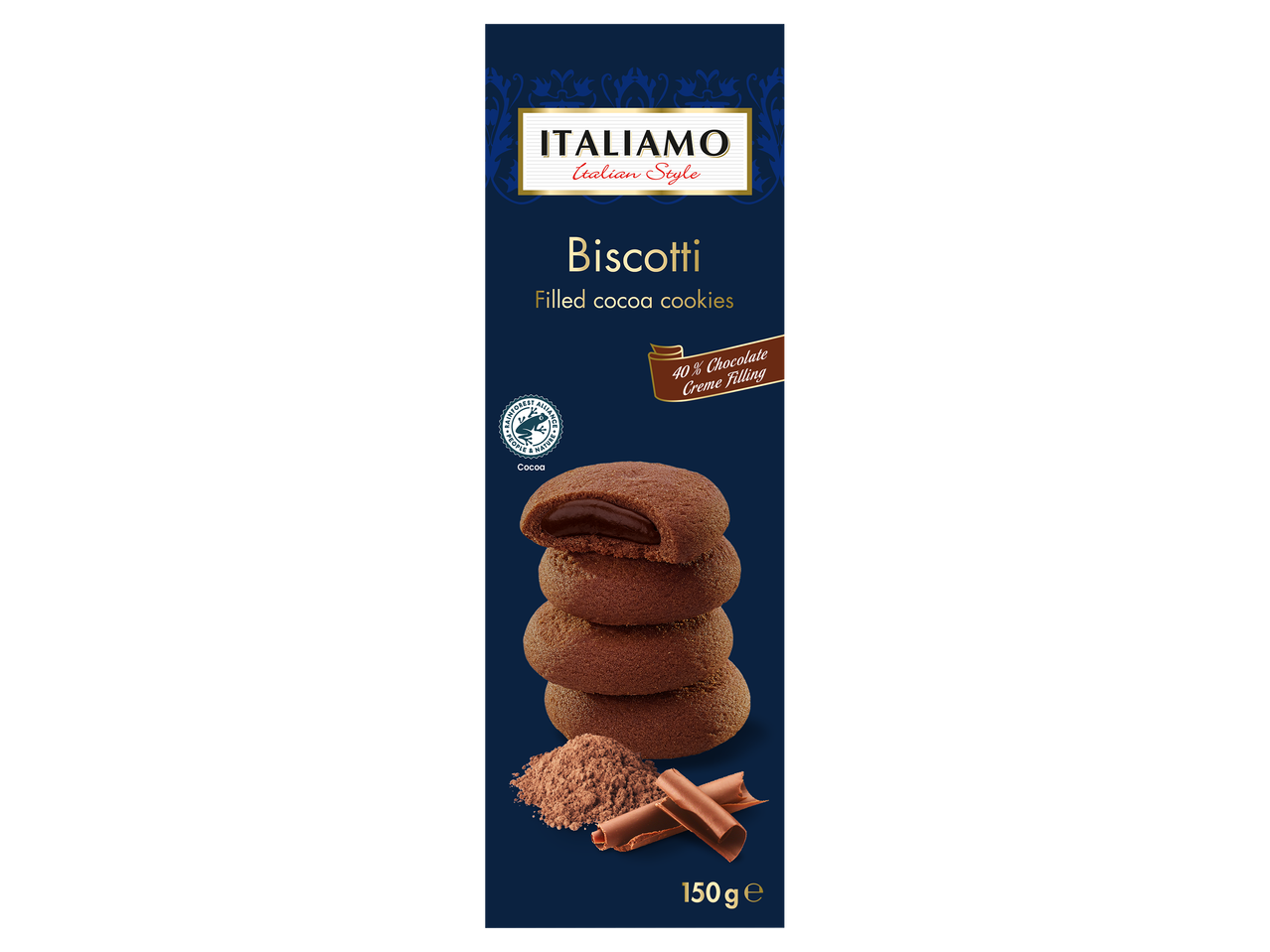 Kakaós krémmel töltött omlós keksz kék csomagolásban.