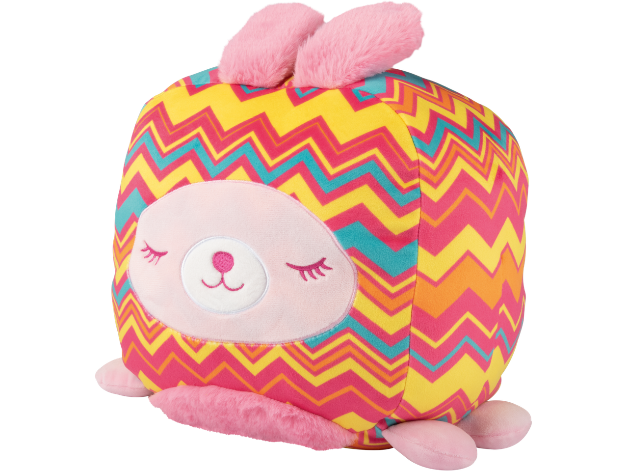 Colorful chevron patterned plush toy with pink bunny ears and a sleeping face.