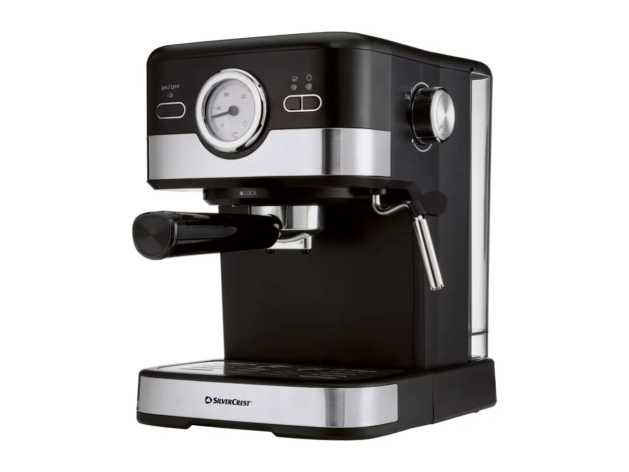Black and silver espresso machine with a pressure gauge and control knobs.