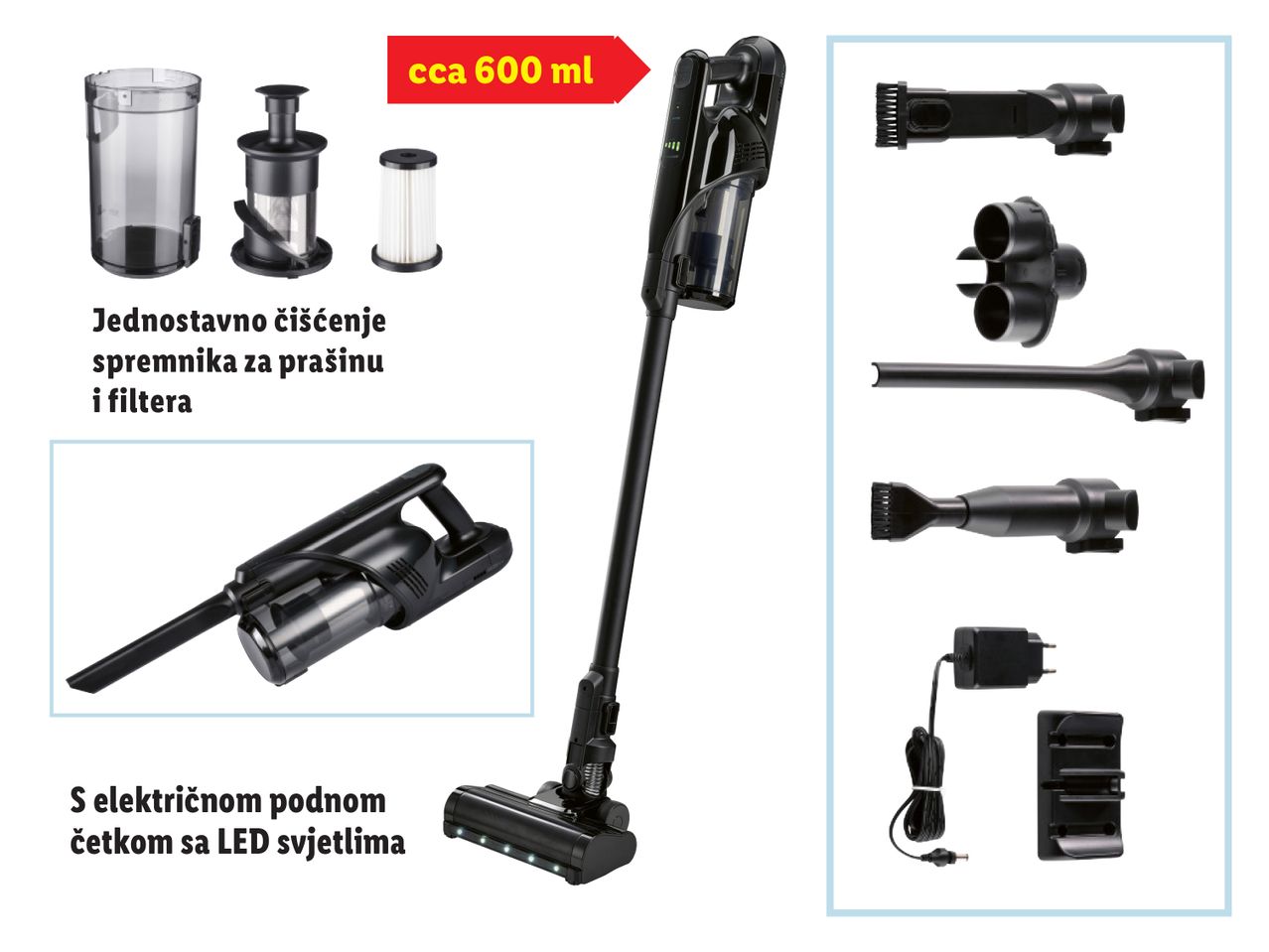 Bežični usisavač s dodacima, uključujući spremnik za prašinu od 600 ml i električnu podnu četku s LED svjetlima.