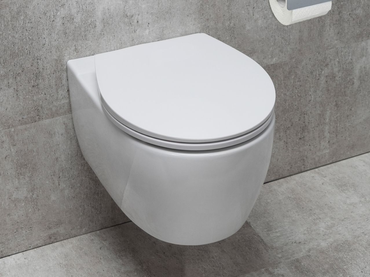 A wall-hung toilet with a closed seat.