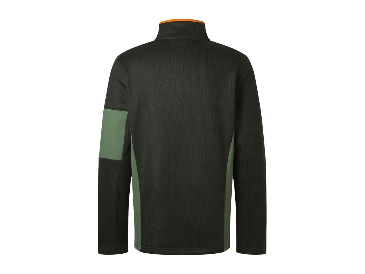 Back view of a dark green men's long-sleeve zip-neck fleece.