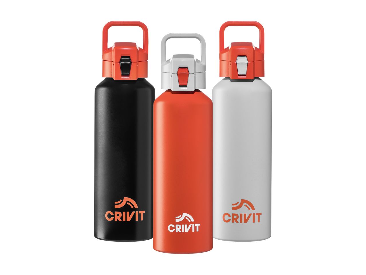 Tri Cravity stekleničke za vodo v črni, oranžni in beli barvi.