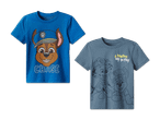 Zwei Paw Patrol T-Shirts: ein blaues mit Chase und ein graues mit Marshall und Rubble.