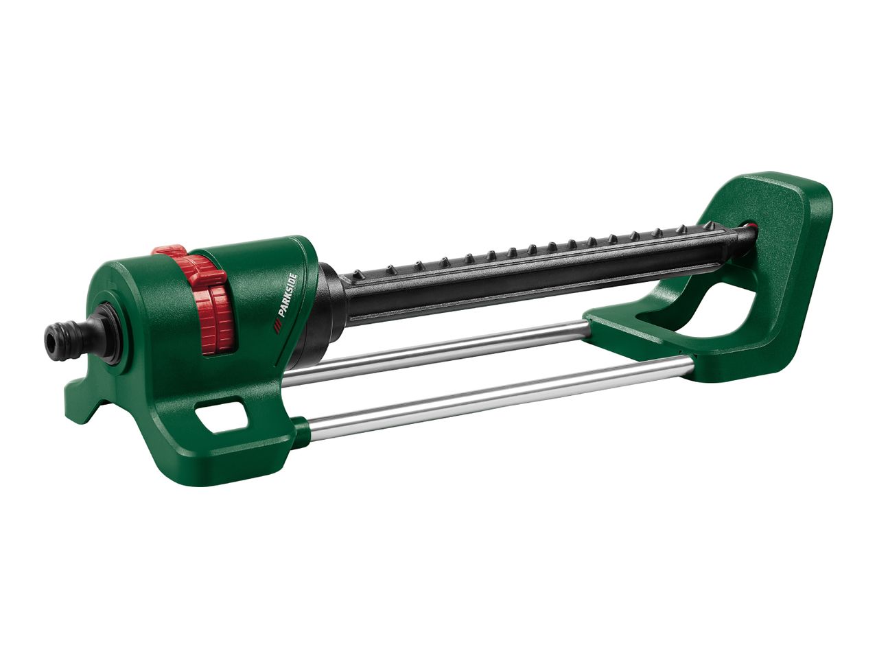 Green oscillating sprinkler with red controls and silver support bars on a white background.
