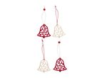 Four Christmas bell ornaments, two red and two white, with intricate cut-out designs.
