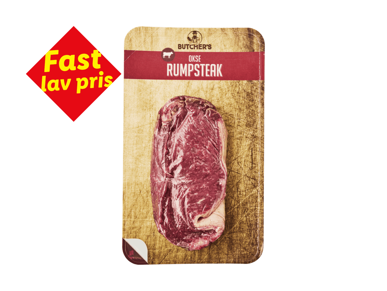 Pakket okserumpsteak på et træbræt med et rødt skilt, der siger 'Fast lav pris'.