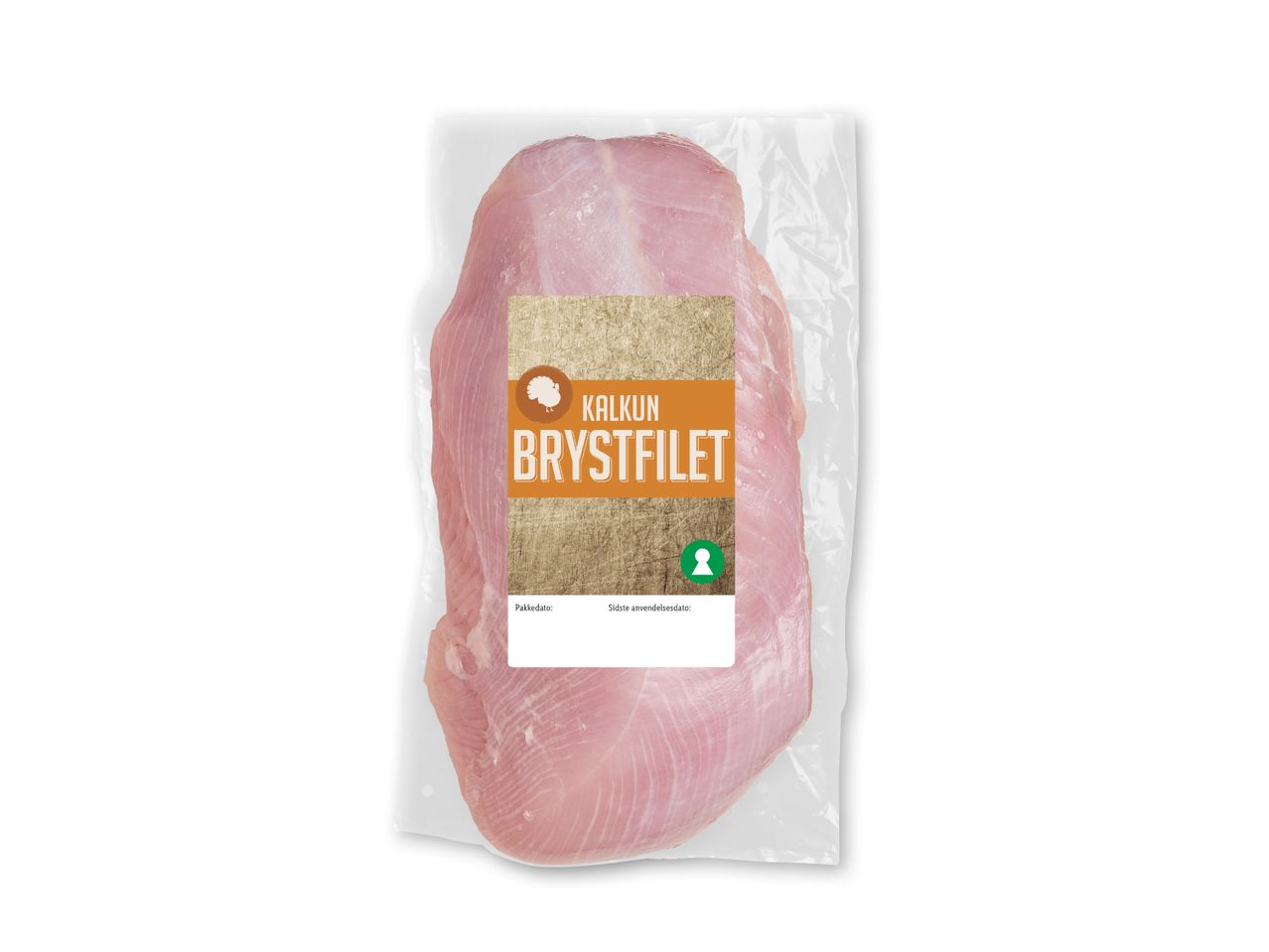 Vakuumforseglet kalkunbrystfilet med en brun etiket, der angiver 'KALKUN BRYSTFILET'.