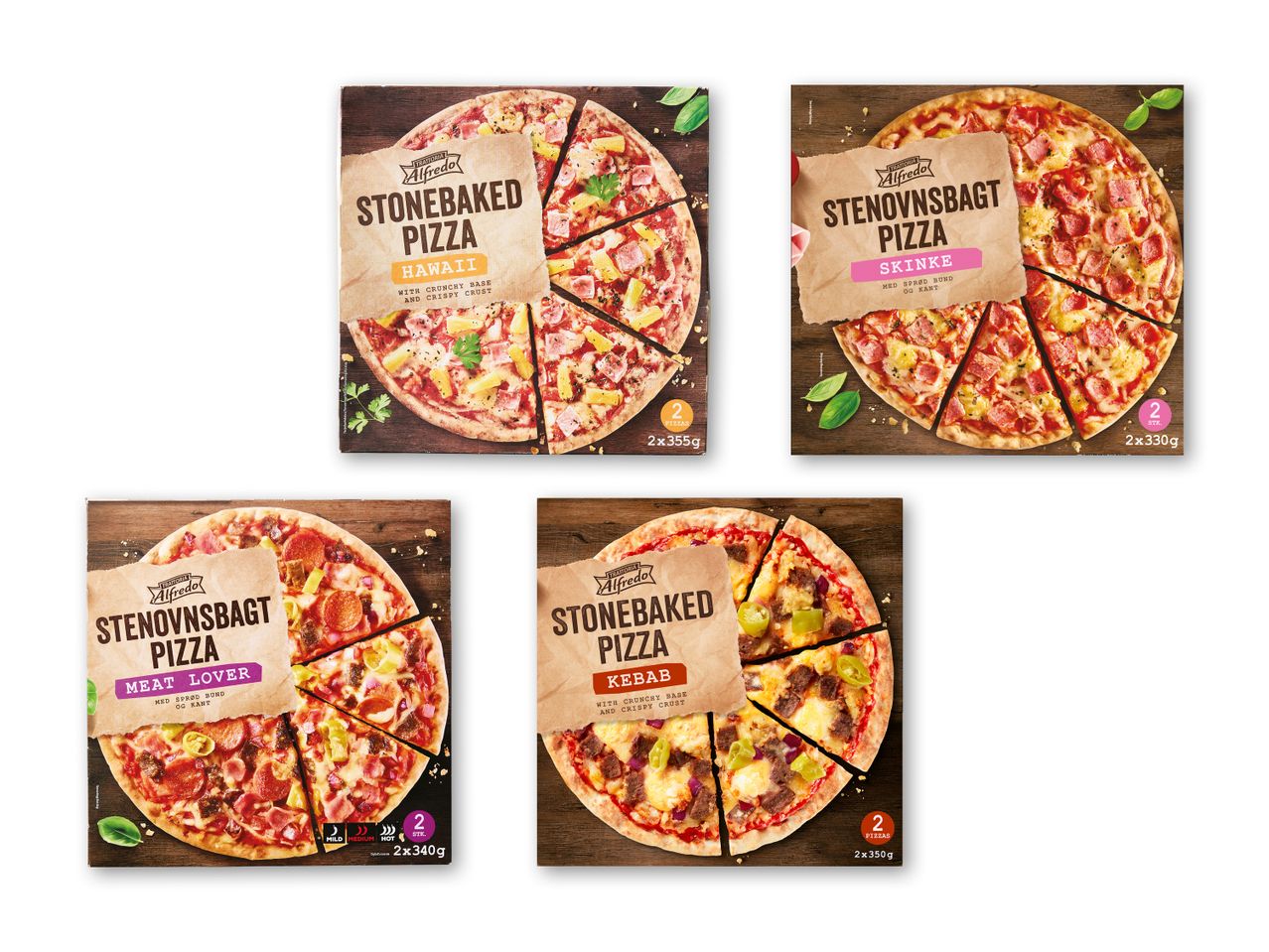 Fem pakker Alfredo pizzaer, herunder Hawaii, Skinke, Kebab og Meat Lover varianter.