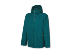 Türkisfarbene Regenjacke mit gelben Kordelzügen auf schwarzem Hintergrund.