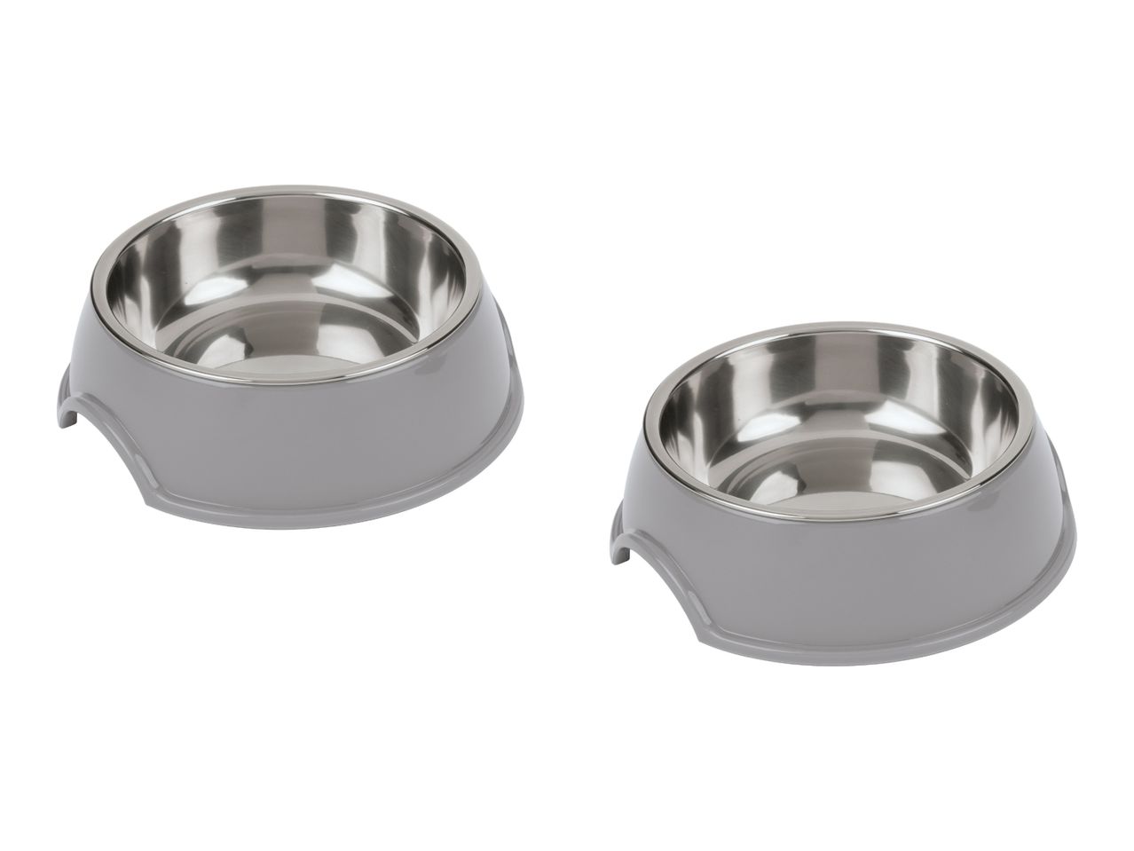 Two grey pet bowls with stainless steel inserts.