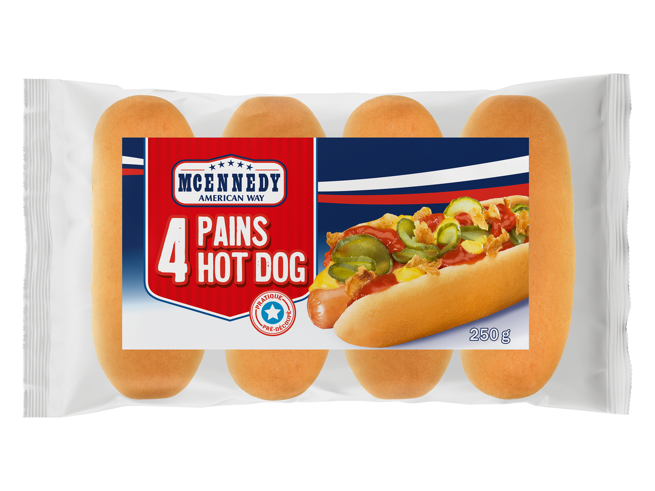 Paquet de 4 pains à hot-dog pré-découpés, avec un hot-dog garni de cornichons et oignons frits.