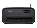Black paper shredder with controls for forward, auto, off, and reverse, and warning symbols.