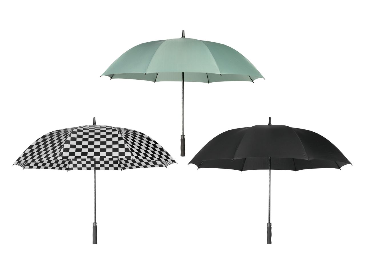 Drei Regenschirme: ein mintgrüner, ein schwarz-weiß karierter und ein schwarzer.