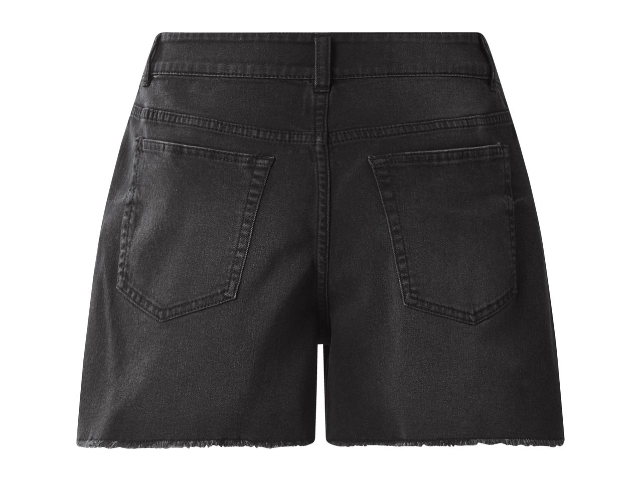Black denim shorts with frayed hem and back pockets, viewed from the back.