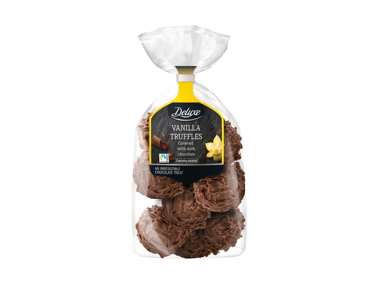 Deluxe Vanilla Truffles covered with milk chocolate, contains alcohol, Fairtrade cocoa.