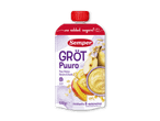 Grød med pære, mango, banan og æble i en klempose, beriget med jern, uden tilsat sukker.