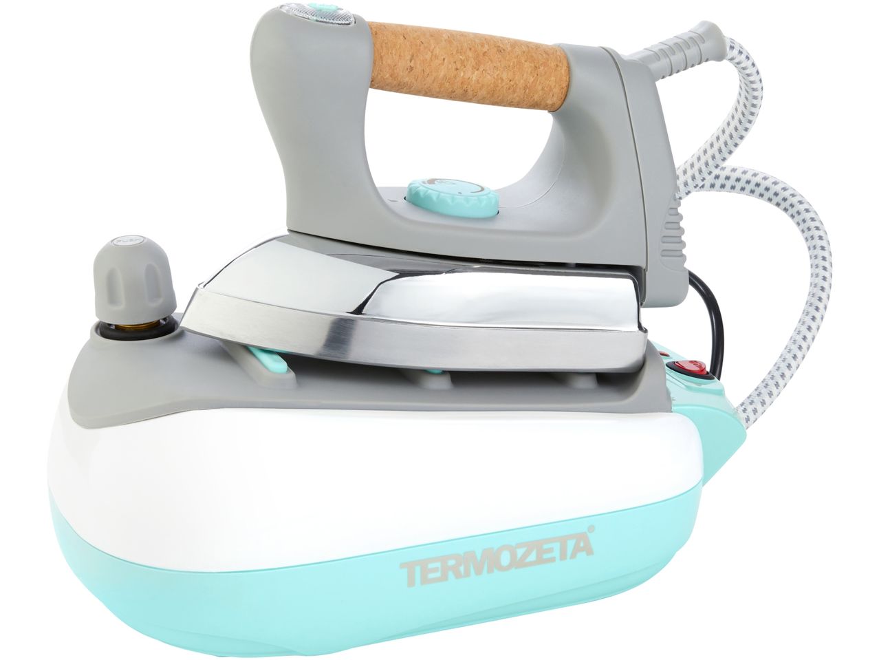 A Thermozeta steam iron with a light teal and gray design.