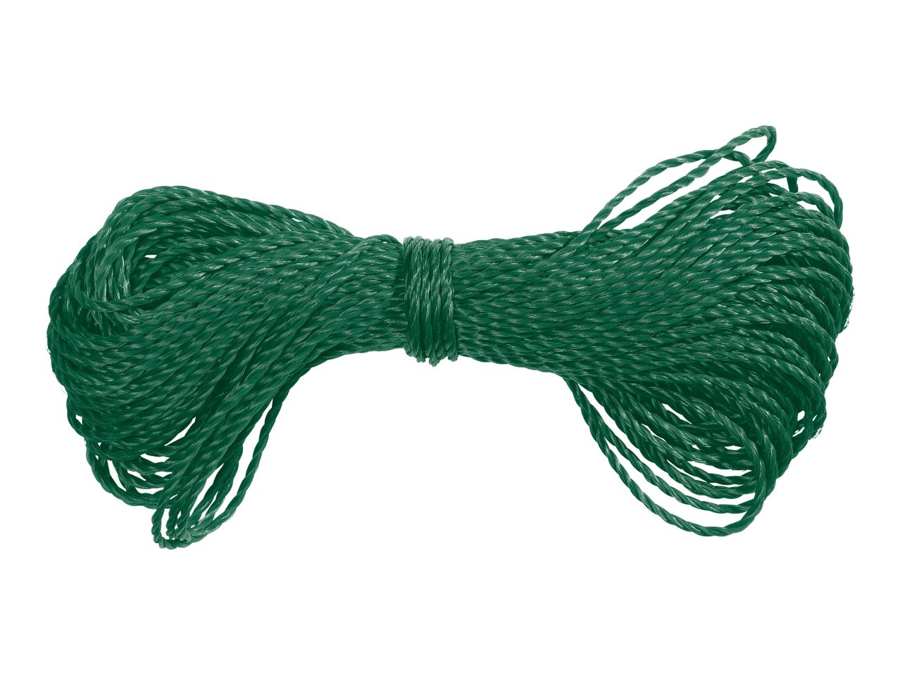 A neatly bundled coil of dark green garden twine, ready for use.