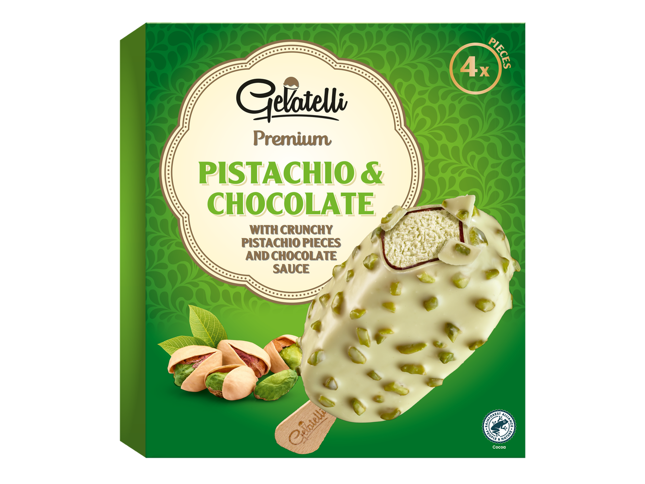 Barquettes glacées Gelatelli Premium Pistache & Chocolat, 4 pièces.