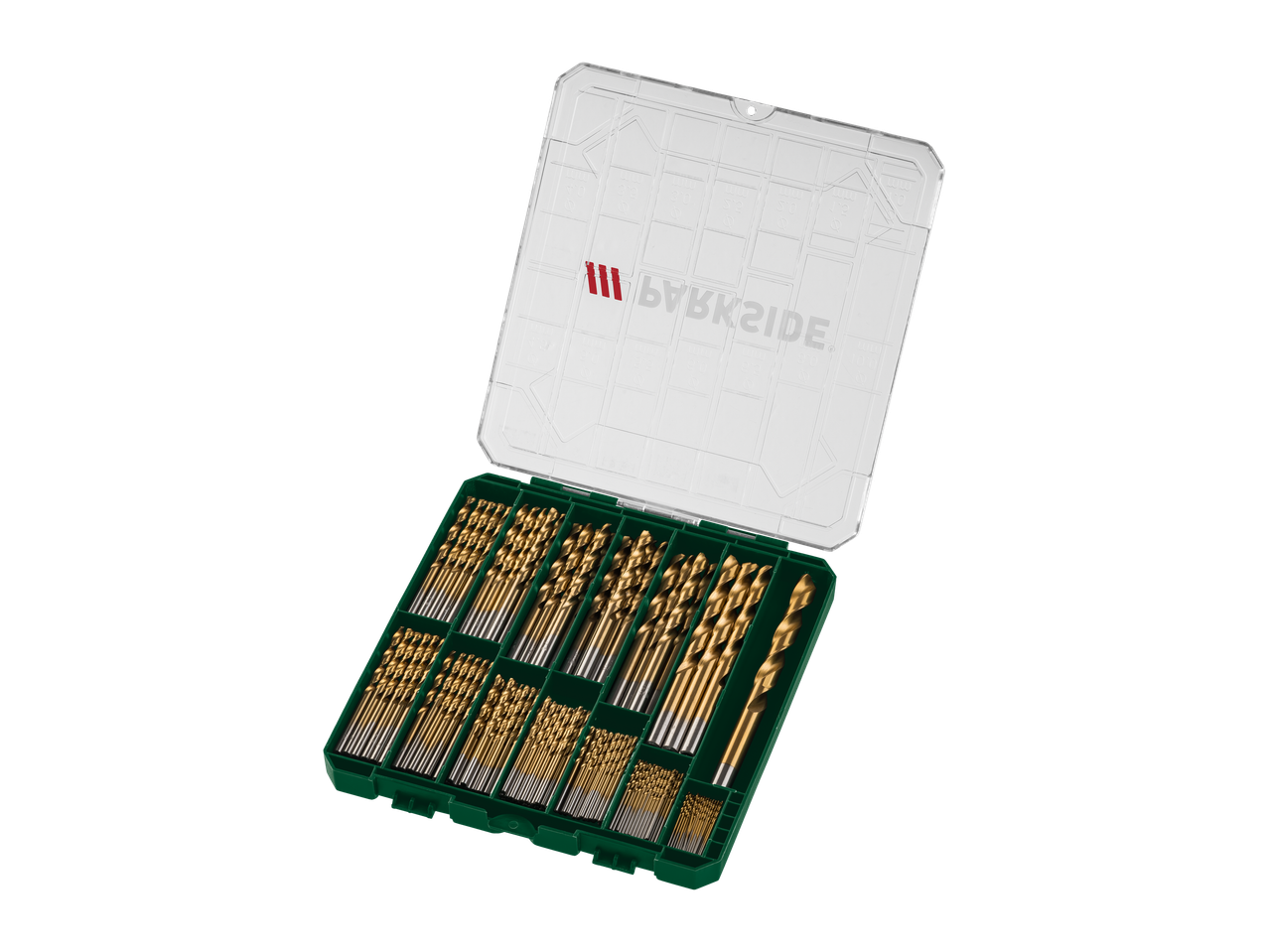 A Parkside drill bit set in a green and clear plastic case.