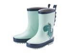 Pair of light green children's wellington boots with a dark blue trim and a dinosaur design.