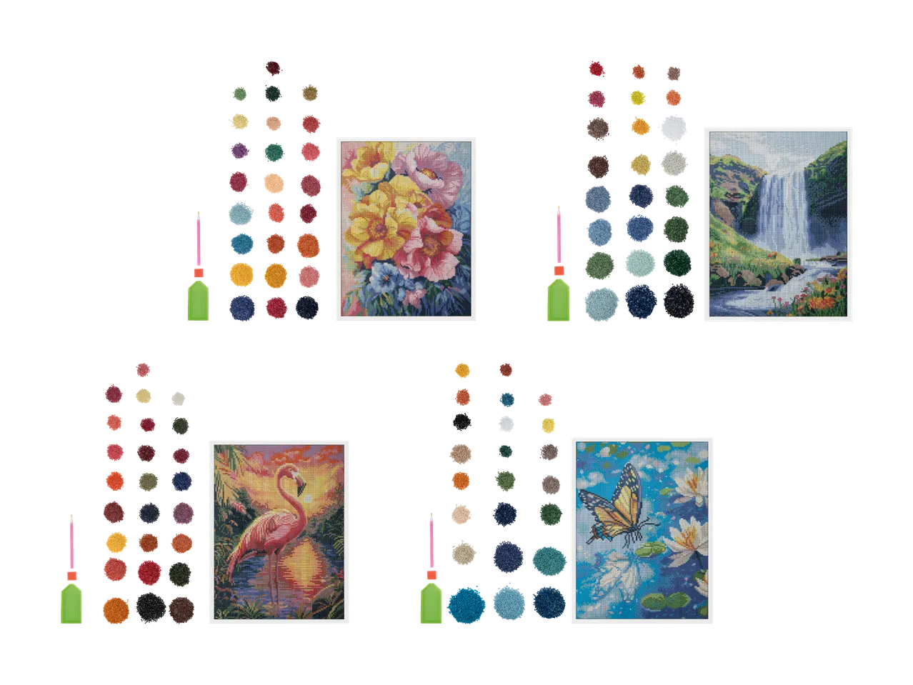 Quatre kits de diamond painting avec motifs floraux, cascade, flamant rose et papillon, chacun avec perles et outils.
