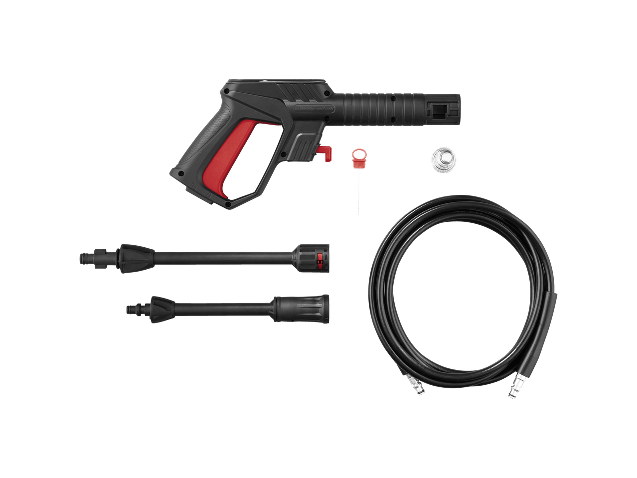 Pressure washer gun, hose, and nozzles.