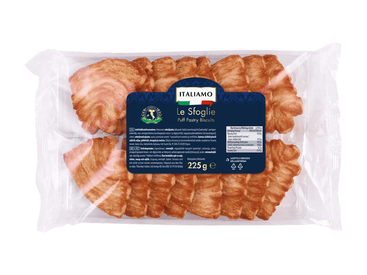 Italiamo Le Sfoglie -lehtitaikinakeksejä läpinäkyvässä pakkauksessa, jossa on sininen etiketti.