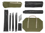 Camping tent components: rolled tent, tarps, poles, stakes, and carry bags.