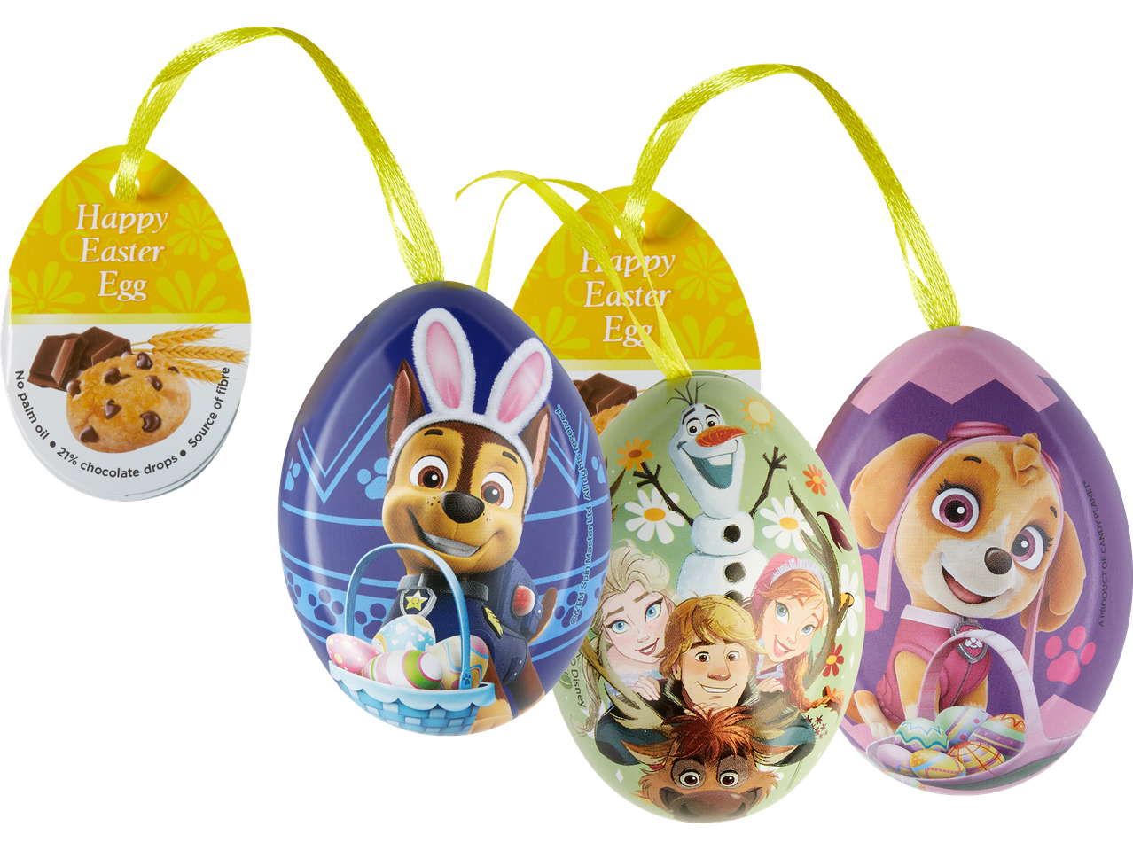 Fyra färgglada påskägg med tecknade figurer och texten 'Happy Easter Egg'.