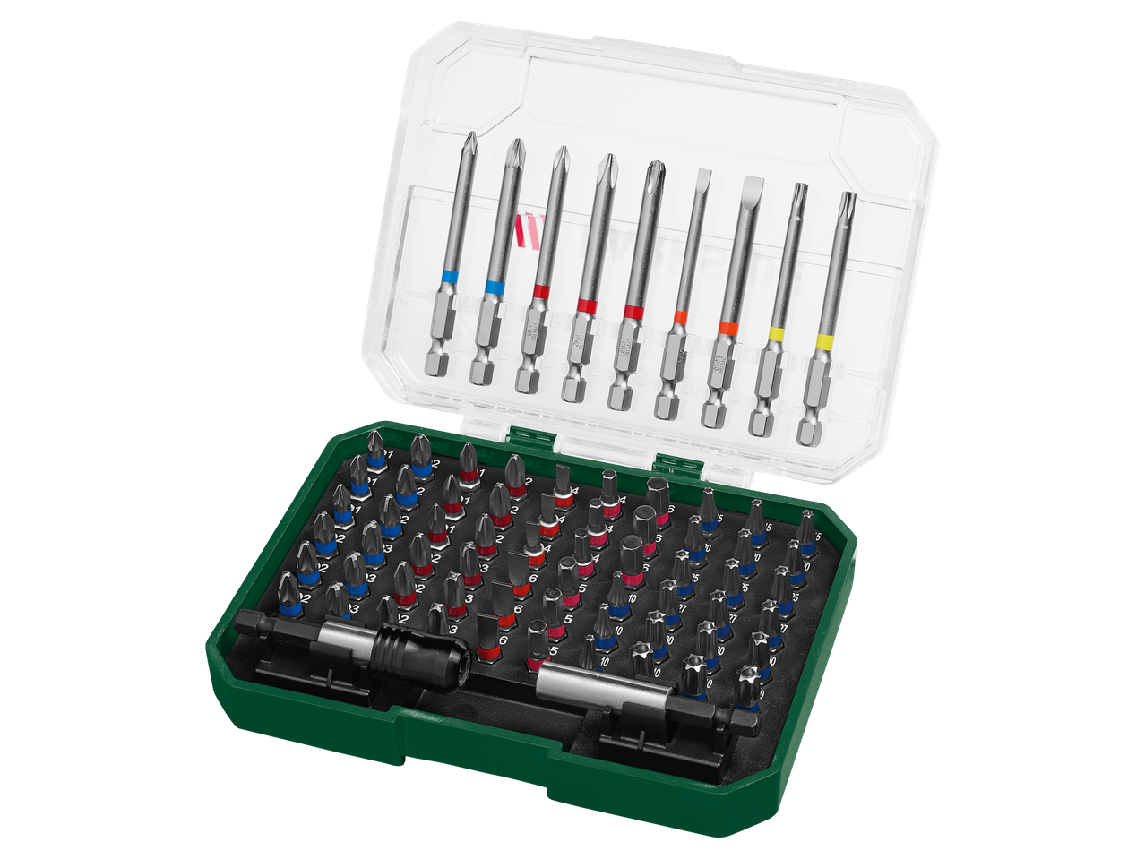 Parkside® otsikute ja padrunvõtmete komplekt avatud karbis.