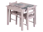 Roosa laste laud ja kaks tooli metsaloomade teemaga
